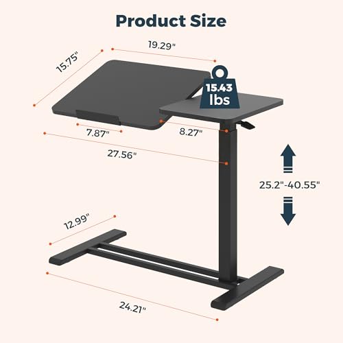 28''Pneumatic Overbed Tilting Bedside Table,Small Desk with Wheels | 27.6"x15.7" Black Single-Side Flip Tabletop,Hospital Medical Bedside Table,Overbed Table with Wheels,Small Standing Desk - color: Black, size: Small