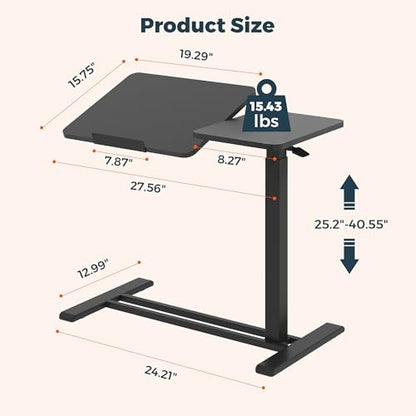 28''Pneumatic Overbed Tilting Bedside Table,Small Desk with Wheels | 27.6"x15.7" Black Single-Side Flip Tabletop,Hospital Medical Bedside Table,Overbed Table with Wheels,Small Standing Desk - color: Black, size: Small