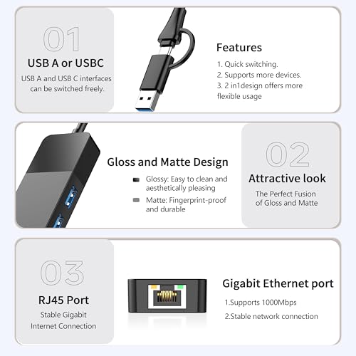 USB A/C to Ethernet Adapter, 3xUSB3.0 and 1000M RJ45 Network hub for Laptop | Plug & play 4-in-1 USB C Hub, Gigabit LAN for Mac/Chrome/XPS & USB-C phones/iPad, 3 USB-A ports for mouse/keyboard/USB fan. - size: 1FT -4 in 1 USB A/C to Ethernet Adapte