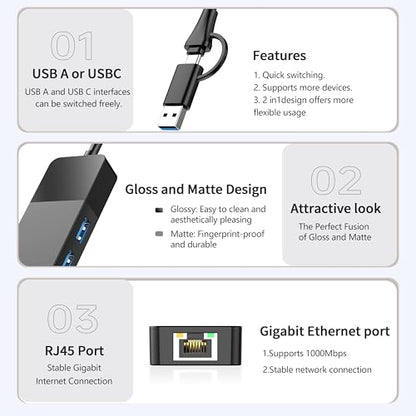 USB A/C to Ethernet Adapter, 3xUSB3.0 and 1000M RJ45 Network hub for Laptop | Plug & play 4-in-1 USB C Hub, Gigabit LAN for Mac/Chrome/XPS & USB-C phones/iPad, 3 USB-A ports for mouse/keyboard/USB fan. - size: 1FT -4 in 1 USB A/C to Ethernet Adapte