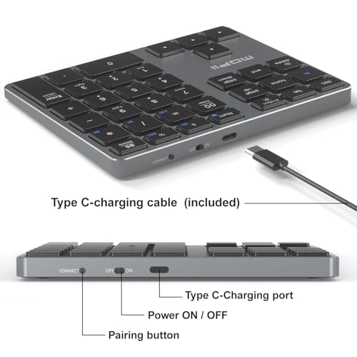 MOFII Number Pad for Laptop - Bluetooth Gray Wireless Numeric Keypad 35 Keys USB-C Rechargeable Numpad, Accounting Portable Financial Data 10 Key for Laptop/PC/Desktop/Notebook/Surface Pro - color: Dark grey