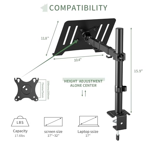 UPGRAVITY Black Laptop Desk Mount for 17 inch Notebook or 14”-32” Monitor | Single Laptop Stand Arm with Vented Tray Holds up to 17.6 lbs, Fully Adjustable, Clamp/Grommet Mounting, VESA 75/100mm - color: Black