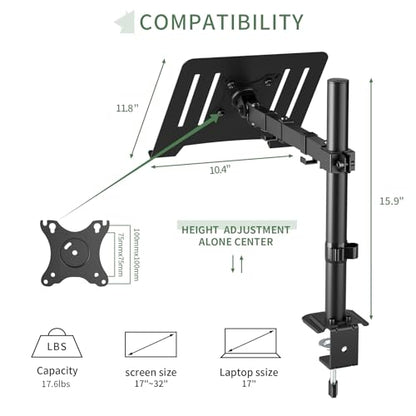 UPGRAVITY Black Laptop Desk Mount for 17 inch Notebook or 14”-32” Monitor | Single Laptop Stand Arm with Vented Tray Holds up to 17.6 lbs, Fully Adjustable, Clamp/Grommet Mounting, VESA 75/100mm - color: Black