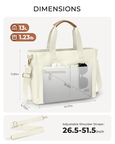 Tuwubi Canvas Tote Bag for Women, Large Tote Bag with Zipper & Compartments for Travel Work College Teacher Nurse - color: Beige