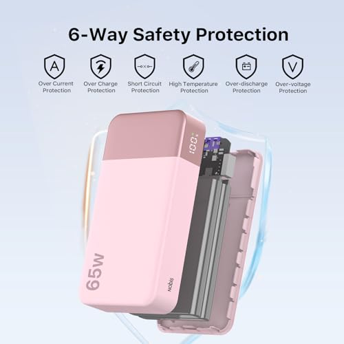 NOBIS 20000mAh Battery Pack Power Bank 65W Power Bank, Portable Charger with Digital Display, Dual USB-C/USB-A Fast Charging for Laptop, Phone, Tablet, Travel-Friendly External Battery Pack - color: Pink
