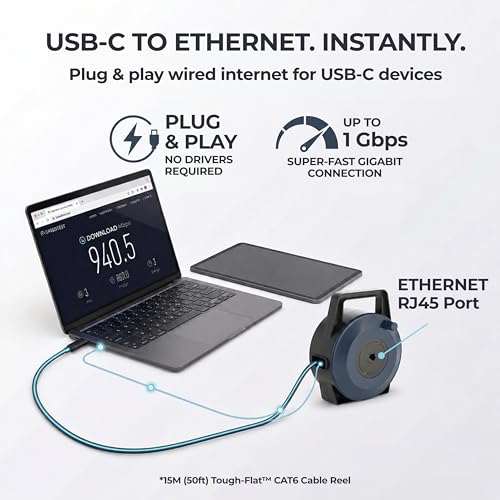 USB-C (Type-C) to Ethernet Cable Reel, 50Ft (15M) CAT6 Tough-Flat™, Up to 1 Gbps, Plug & Play, Truck-Pass Safe, Retractable Cable for Temporary Setups