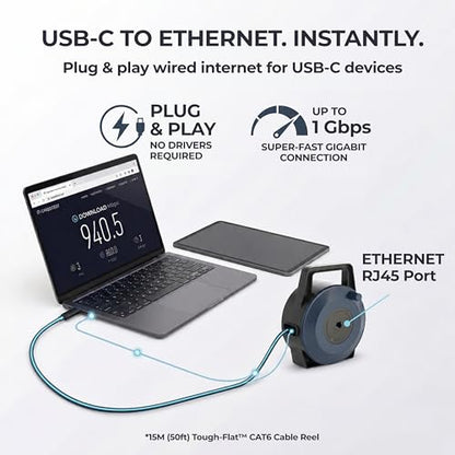 USB-C (Type-C) to Ethernet Cable Reel, 50Ft (15M) CAT6 Tough-Flat™, Up to 1 Gbps, Plug & Play, Truck-Pass Safe, Retractable Cable for Temporary Setups