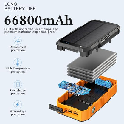 Hand CrankPower Bank 66800mAh and 4 Cables 22.5W Fast Charge Power Bank 5 Outputs & 3 Inputs Solar Portable Charger (Orange) - color: orange