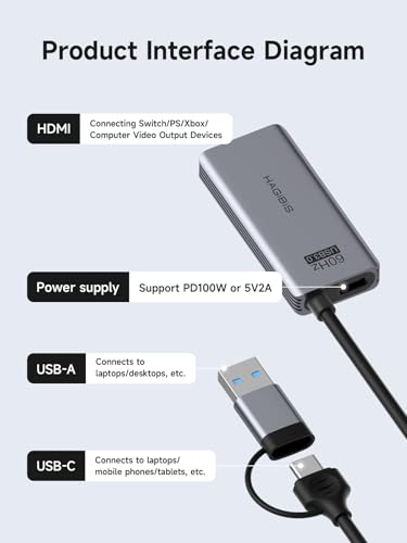 Hagibis USB3.0 Video Capture Card with 100W PD HDMI to USB/USB C 1080P HD 60fps Live and Record Video Audio Game MS2130 for Quest 3 2 Pro VR Switch2 PS4/5 Live Broadcast, Gaming, Streaming (UHC07P)