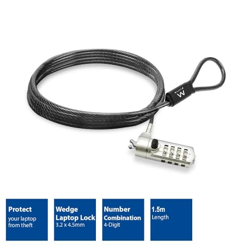 Ewent Security Cable with Combination Lock, Security Cable for Laptops, Laptops, PC, Steel Combination Security Cable with Slot Wedge, 1.5 m Long Cable