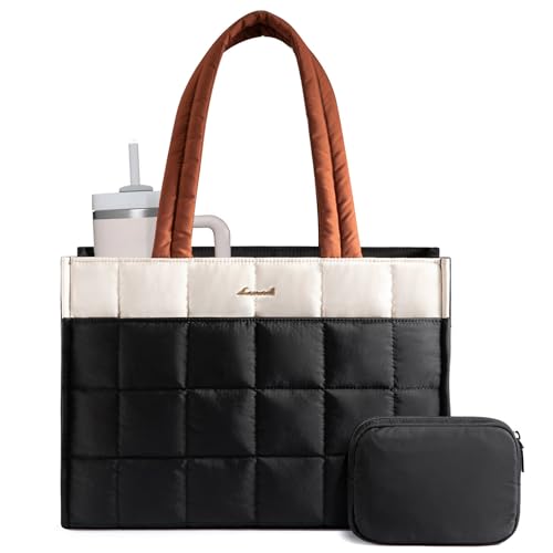 LOVEVOOK Tote Bag for Women, Puffer Work Handbag 15.6 Inch Laptop Purse for Nurse Teacher, Large Quilted Travel Tote Shoulder Bag with Zipper for College Office Clinical Gym, Cream-Black-Brown - color: Cream-black-brown, size: 15.6 inch