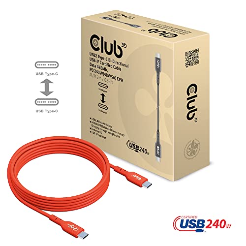 Club 3D CAC-1573 USB2 Type C to Type C Certified Bi-Directional Cable with 240W Charging, 480Mb Data Transmission EPR 2m - 6.56ft - size: 2m - 6.56ft