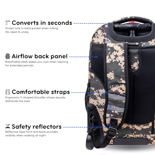 J World Sundance Laptop Rolling Backpack for Girls Boys. Roller Bookbag with Wheels, 20 Inch, Green Camo - color: Green Camo
