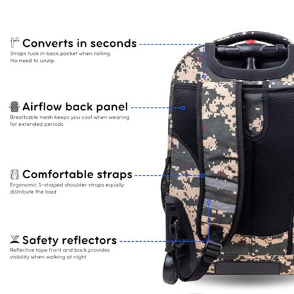 J World Sundance Laptop Rolling Backpack for Girls Boys. Roller Bookbag with Wheels, 20 Inch, Green Camo - color: Green Camo