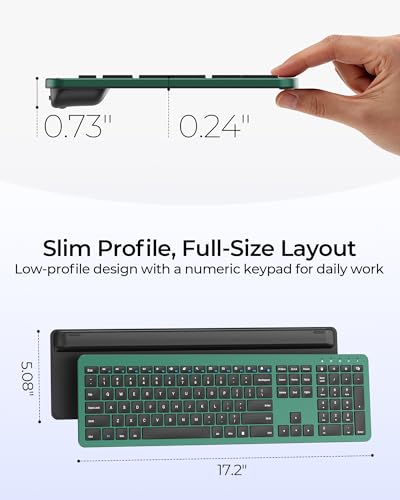 seenda Rechargeable Wireless Keyboard and Mouse Combo, Dark Green | Quiet, slim full-size keyboard with numpad, 2.4GHz USB receiver, USB-C charging, 3-level DPI mouse for Windows PCs/laptops - color: Dark Green