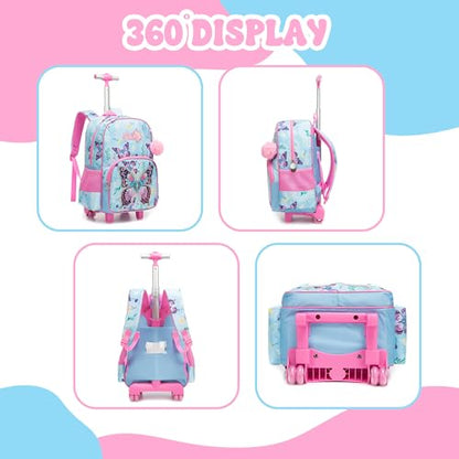 Meetbelify Kids Rolling Backpack with Wheels for Girls Cute Butterfly School Roller Backpack,Carry on Travel Luggage with Lunch Bag and Pencil Case for Girls Ages 5-12 - color: 01 Pink Butterfly