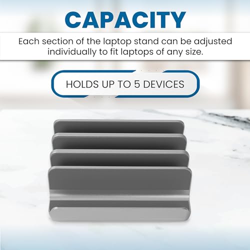 Multiple Laptop Holder Vertical – Adjustable Laptop Vertical Stand Holds 5 Devices, Fits All MacBooks Laptops Tablets and Mobiles (up to 17.3”). Closed Upright Vertical Laptop Stand for Desk - color: Grey