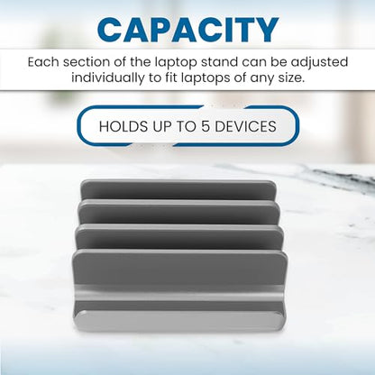 Multiple Laptop Holder Vertical – Adjustable Laptop Vertical Stand Holds 5 Devices, Fits All MacBooks Laptops Tablets and Mobiles (up to 17.3”). Closed Upright Vertical Laptop Stand for Desk - color: Grey