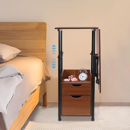 Overbed Table with Wheels, Movable Bedside Table Height Adjustable Over Bed Desk Foldable Rolling Laptop Desk with Drawers for Home & Hospital Use (Black+ Oak Color) - color: Black+ Oak Color