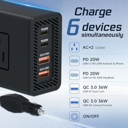 200W Portable 12V to 110v Car Charger Power Inverters for Vehicles | 36W USB-A, Fast Charging USB-C, Dual AC Outlets, Cigarette Lighter Adapter for Laptop/Camping/Road trip essentials