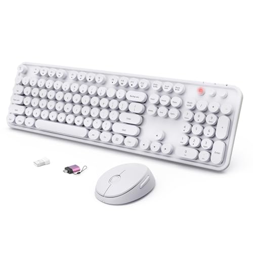 Wireless Keyboard and Mouse Combo, Ergonomic Full Size Typewriter Retro Round Keycaps Keyboard, Compatible with Windows, PC, Perfer for Home and Office Keyboards（White） - color: Pure white
