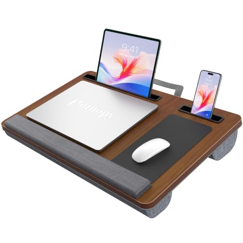 Potuopy Laptop Lap Desk, Portable Bed Table Tray for Laptop Fit 17" Laptops | Lightweight lap desk for laptop with Carry Handle & 2 Mouse Pad Pro, Lap Desk with Cushion for Working & Writing on Couch - color: Dark Brown