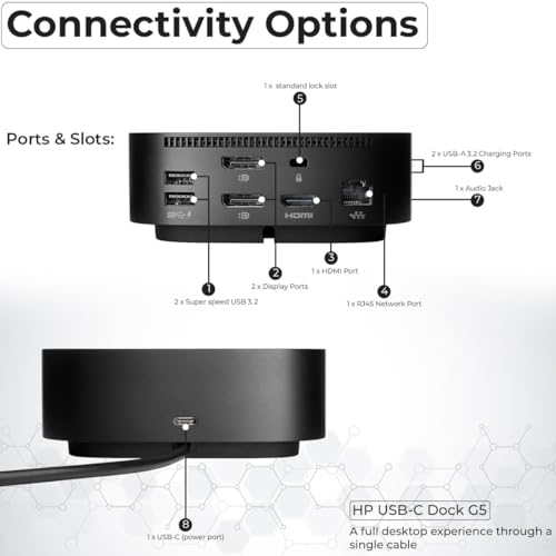 HP Docking Station for Laptop Dual Monitor and Charging Bundle - HP USB-C G5 Dock 5TW10AA / 5TW10UT / 5TW10AA#ABB with 120W Adapter, HDMI, DisplayPort, USB-C Cables & Microfiber Cleaning Cloth - style: HP 5TW10AA#ABB New