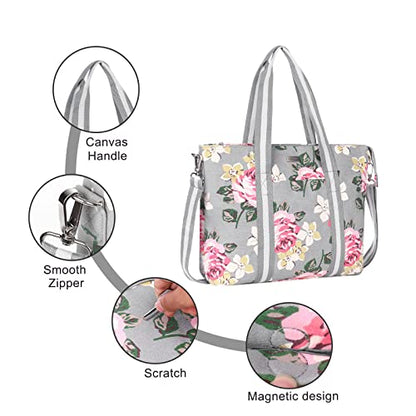 MOSISO Laptop Tote Bag for Women (17-17.3 inch), Canvas Rose Multifunctional Work Travel Shopping Duffel Carrying Shoulder Handbag Compatible with MacBook, Notebook and Chromebook, Grey