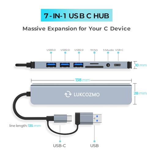 7-in-1 USB C Hub with 4 USB 3.0 Ports SD/TF Card Reader | Compatible with MacBook, iPad Pro, Dell, HP Laptops, Phones, Audio Output, Aluminum Shell, Plug and Play - color: Space gray