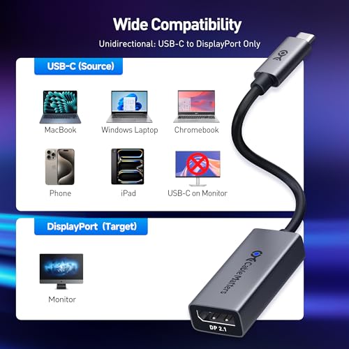 Cable Matters 80Gbps Unidirectional USB C to DisplayPort 2.1 Adapter | 16K@60Hz / 8K@240Hz / 4K@960Hz, HDR, USB C to DP 2.1, Thunderbolt 5/4 and USB4 Compatible, for VR Headset/MacBook/XPS