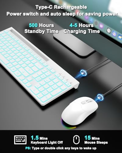 Wireless Keyboard and Mouse Combo, 7 Backlit Effects, Light Up Letters, Rechargeable, Phone Holder, 6 Button Mouse, Ergonomic Tilt Angle, 2.4GHz Silent USB Keyboard Mouse for Laptop, PC - color: White