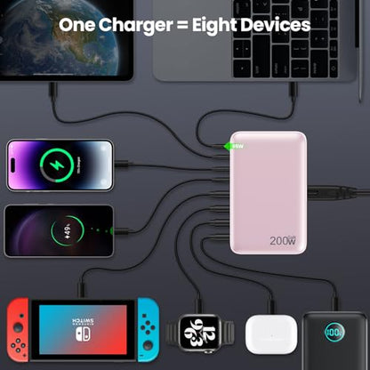 USB C Charger 200W USB C Charger Block,Upgraded GaN III 8-Port Fast Charging Station Hub,PD 65W Laptop Charging Adapter Compatible with MacBook Pro/Air,DELL,Steam Deck,iPhone 16/15/14,Galaxy S23/22 - color: Pink, size: 200W