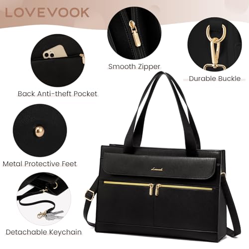 LOVEVOOK Laptop Tote for Women - 15.6 Inch Professional PU Leather Computer Briefcase, Waterproof Handbag, Large Capacity Business Teacher Office Bag, Crossbody Purse - Black - color: Black-2, size: 15.6 Inch