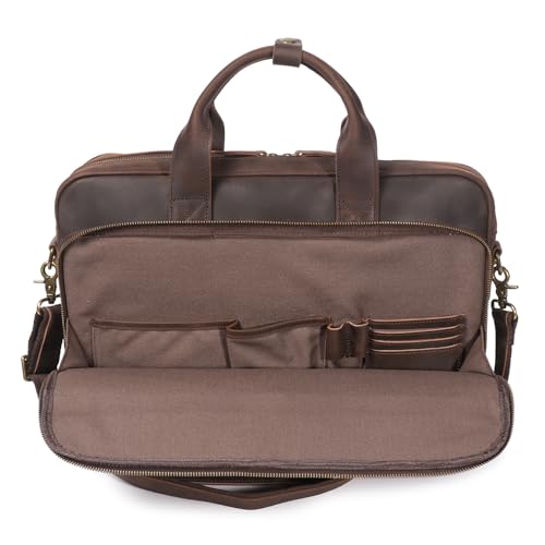 Leather Briefcase for Men 17Inch Laptop Messenger Bags Business Travel Handcrafted Laptop Bag with YKK Zipper Gift - color: Dark Brown