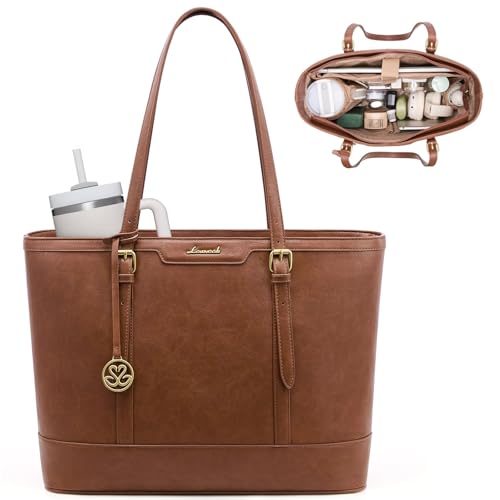 LOVEVOOK Laptop Bag for Women, 15.6 Inch Large Work Tote Bag with 40oz Cup Holder, Waterproof PU Leather Computer Briefcase for Teacher, Professional Business Shoulder Purse Vintage Brown - color: Vintage Brown, size: 15.6 inch