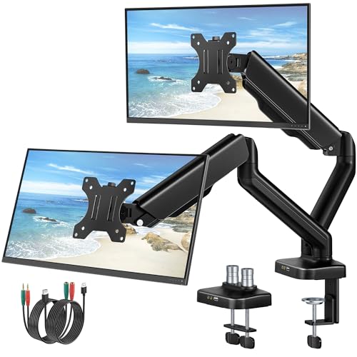 monTEK Dual Monitor Arm with USB Ports for 17-32" Screen up to 19.8 lbs | USB/audio ports, mechanical spring, full motion for flat/curved screens, clamp/grommet bases and VESA 75/100 - color: Dual Arm, size: With USB & Audio Ports