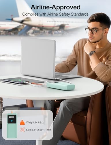 Portable Laptop Charger 24000mAh 65W w/USB C Built-in Cable Green | 65W Fast charging, LED display, Charge 4 devices at once, Pass through, TSA approved, Compatible with Macbook/Notebook/iPhone - color: Green