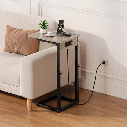 Vagusicc C Shaped End Table with Charging Station, Adjustable Height Side Table for Couch, C Table End Table Couch Table that Slide Under, Sofa Table TV Tray Arm Tables for Living Room, Bedroom, Gray - color: Greige, style: Charging Station