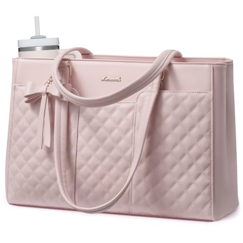LOVEVOOK Laptop Tote Bag for Women,15.6 Inch Work Bags PU Leather Teacher Tote Bag,Waterproof Quilted Computer Bag for Office Professional Briefcase Gifts - color: Pink-a, size: 15.6 Inch