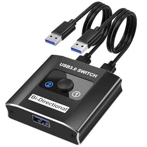 USB 3.0 Switch with 2 USB3.0 Cables, USB Switcher 1 in 2 Out/2 in 1 Out | Bi-Directional Aluminum USB Switcher 2 Computers Share Keyboard Mouse Printer, USB Splitter for Laptop