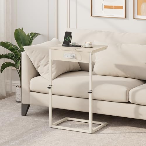 C Shaped End Table with Charging Station, Adjustable Height Side Table for Couch, Small Side Table, 33.2'' Tall Couch Tables that Slide Under, Tv Tray End Table for Living Room, Beige - color: Beige (1 Pack), style: With Plug