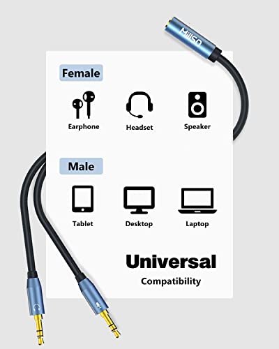 MillSO Headset Splitter, CTIA 3.5mm 2 Male to 1 Female Headphone Adapter with Separate Microphone and Headphone Jack for Gaming Headset to PC - 30CM/12inch - color: Blue