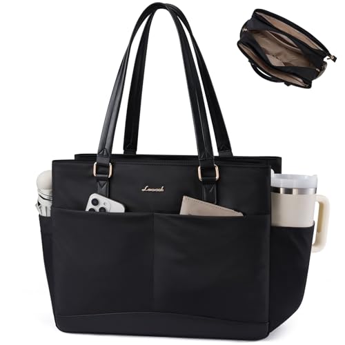 LOVEVOOK Laptop Tote Bag for Women with 3 Separate Pocket Work Bag with Large Cup Holder Computer Briefcase for Teacher Nurse - color: Black, size: 17.3 Inch