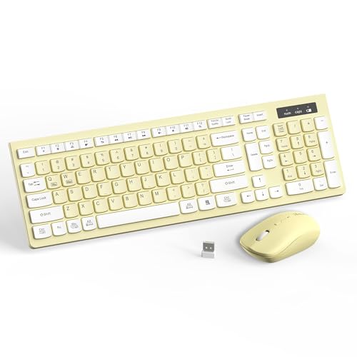 Wireless Keyboard and Mouse Combo Silent for Office and Home(Canary Yellow) | 2.4G Full Size Silent Cordless Keyboard with Tilt Legs,3-Level DPI Quiet Mouse,for Windows/Mac OS/Desktop/Laptop/PC - color: Canary yellow