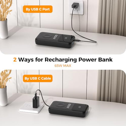 PANDUK 65W Power Bank, 20000mAh Laptop Portable Charger for Apple Watch | 5 in 1 | USB C Fast Charging |Built-in 2 Cables |LED Display |Travel Essentials Battery Pack |for iPhone/MacBook/iPad/iWatch