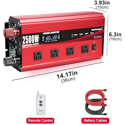 Cantonape 2500W Power Inverter 12V to 110V/120V DC to AC with LCD Display, Remote Controller 4 x AC Outlets and 4 x 3.1A USB Car Adapter for Car Truck Boat RV Solar System - size: 2500W-12V