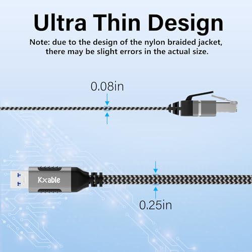 Flat USB to Ethernet Cable 6 FT, USB 3.0 A to RJ45 Thin Cord, Directly Connected, Aluminum, Braided, OFC, USB to RJ45 Gigabit LAN Network Cable for Laptop, PC, Switch and More, OD: 0.8in x 0.25in - size: 6 Feet, style: USB A to Ethernet