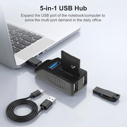 Micro USB Hub with SD Card Reader 5 Port Memory Card Reader USB Extender Adapter with SD Cards Readers, 3.0/2.0 Ports, Portable Splitter for Laptop, PC, Camera, Flash Driver, HDD, Dash Cam