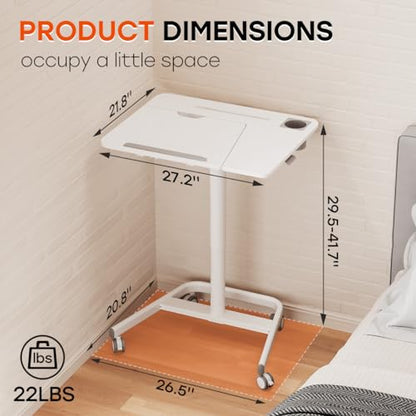 JOY worker Mobile Standing Desk, 60° Tiltable Rolling Laptop Desk, White | Pneumatic Height Adjustable Cart, Portable Sit Stand Desk with Wheels & Cup Holder for Office Home School, Holds Up to 22lbs - color: White