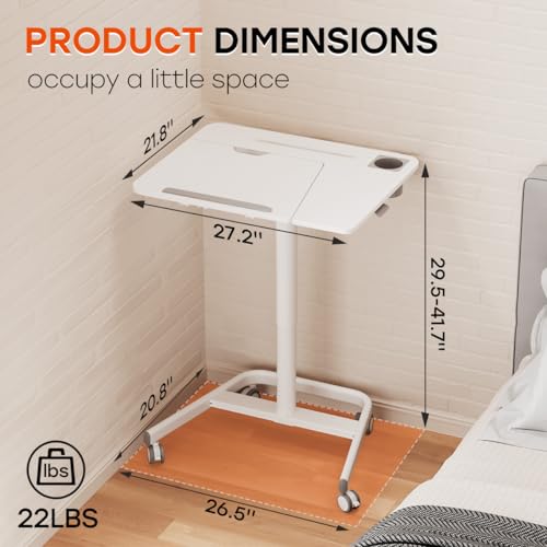 JOY worker Mobile Standing Desk, 60° Tiltable Rolling Laptop Desk, White | Pneumatic Height Adjustable Cart, Portable Sit Stand Desk with Wheels & Cup Holder for Office Home School, Holds Up to 22lbs - color: White
